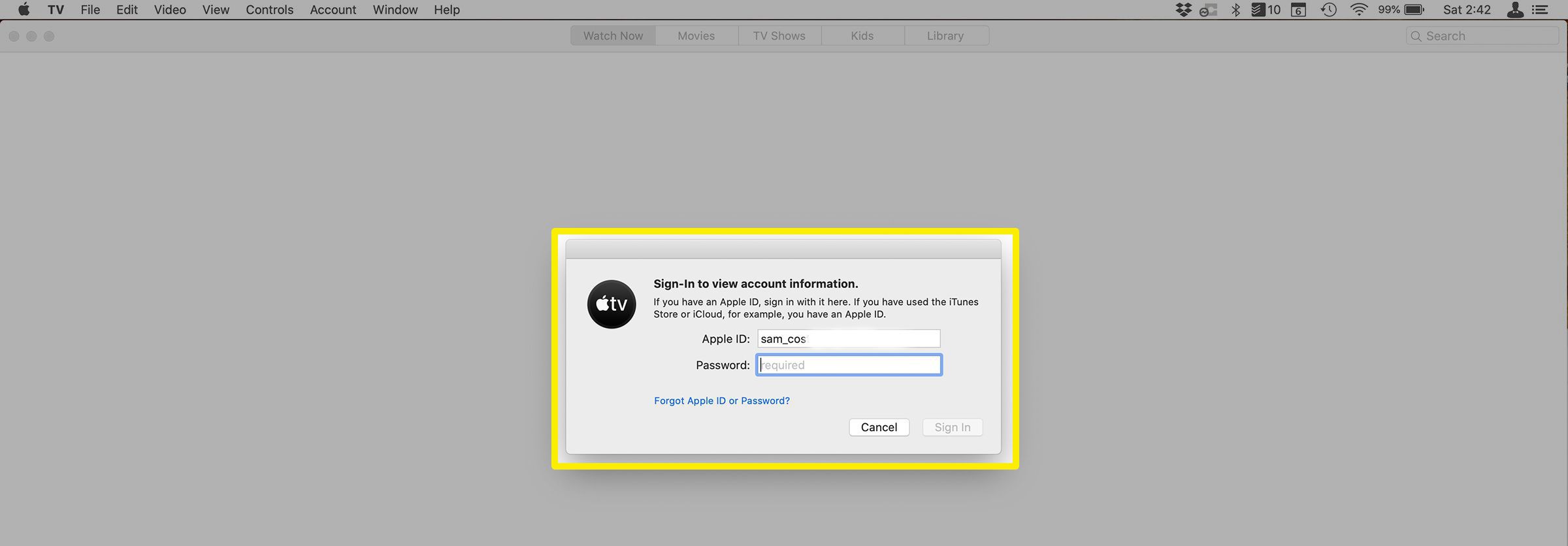 Screenshot z přihlášení do aplikace Apple TV na Macu