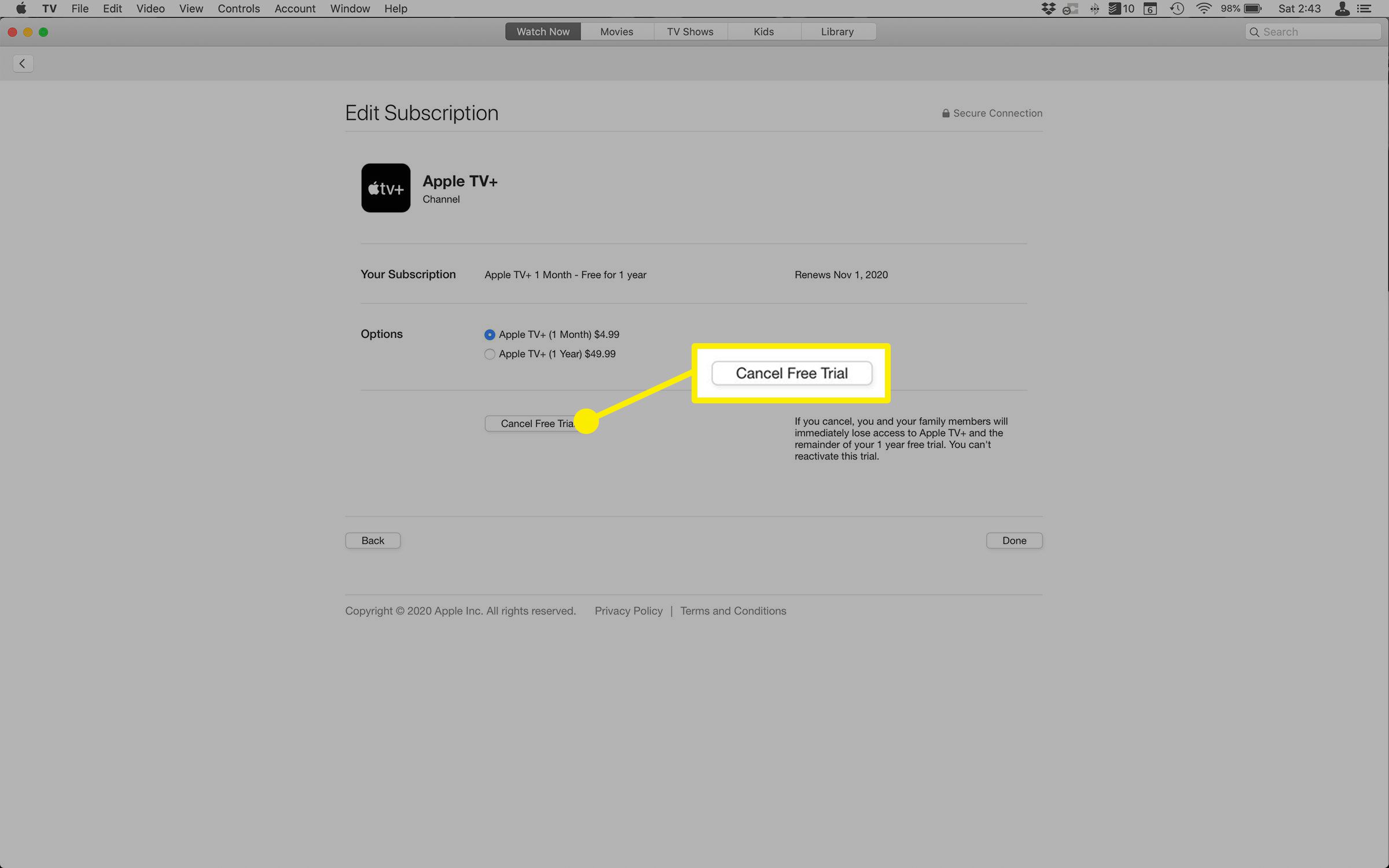 Screenshot z individuálního předplatného v rámci Apple ID