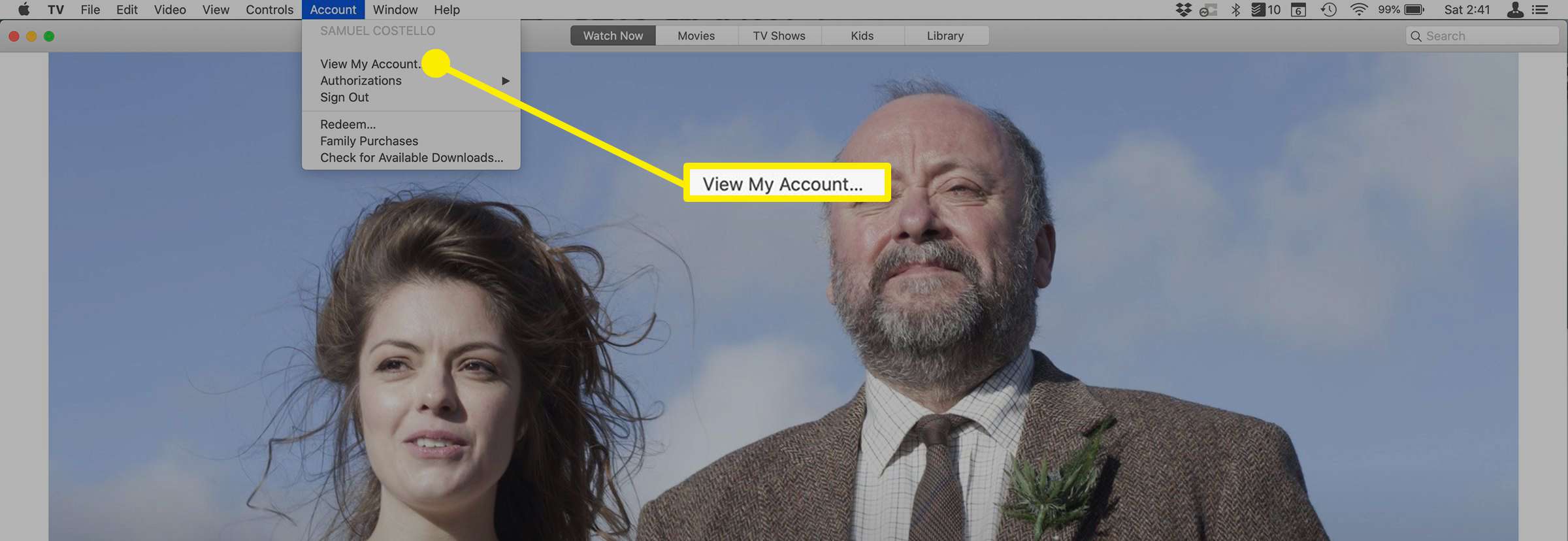 Možnost Zobrazit můj účet na Apple TV Plus na Macu.