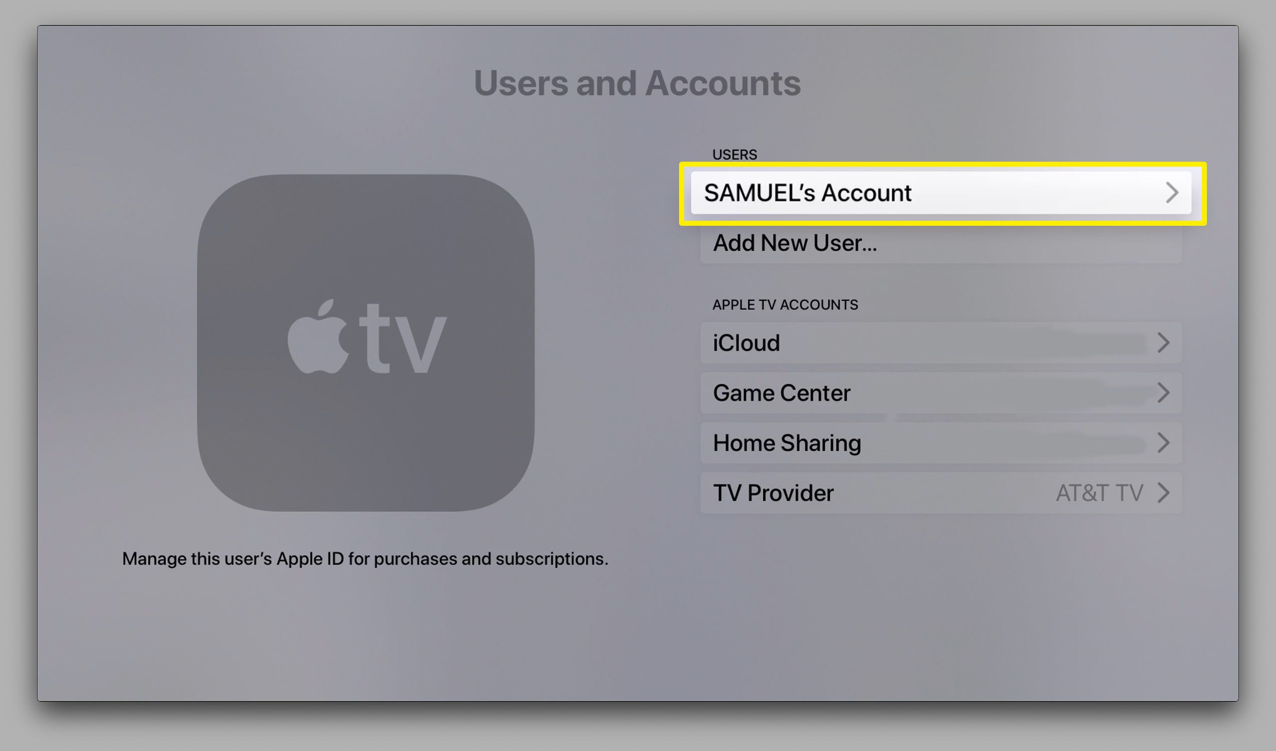 Screenshot obrazovky účtu Apple TV