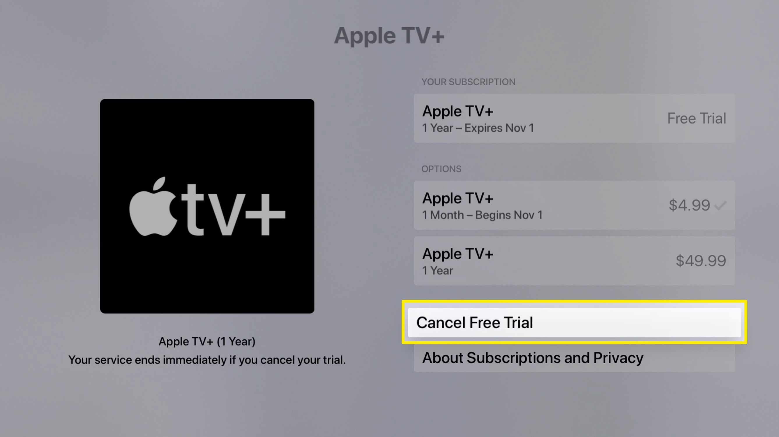 Screenshot zrušení předplatného Apple TV