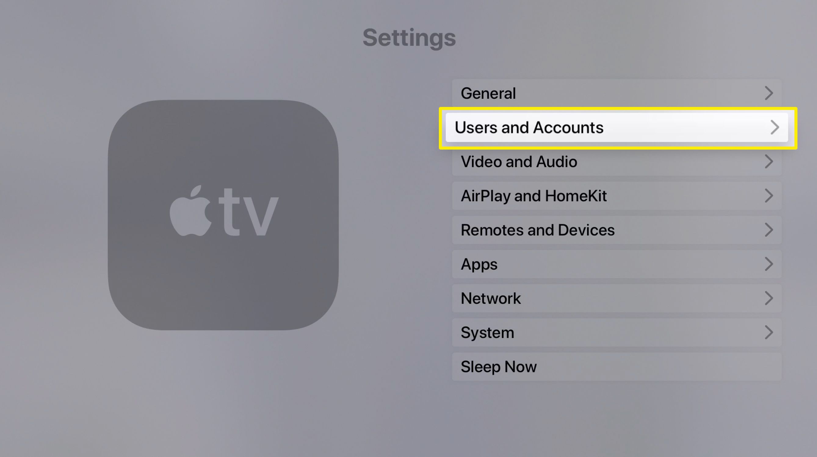 Screenshot aplikace nastavení Apple TV