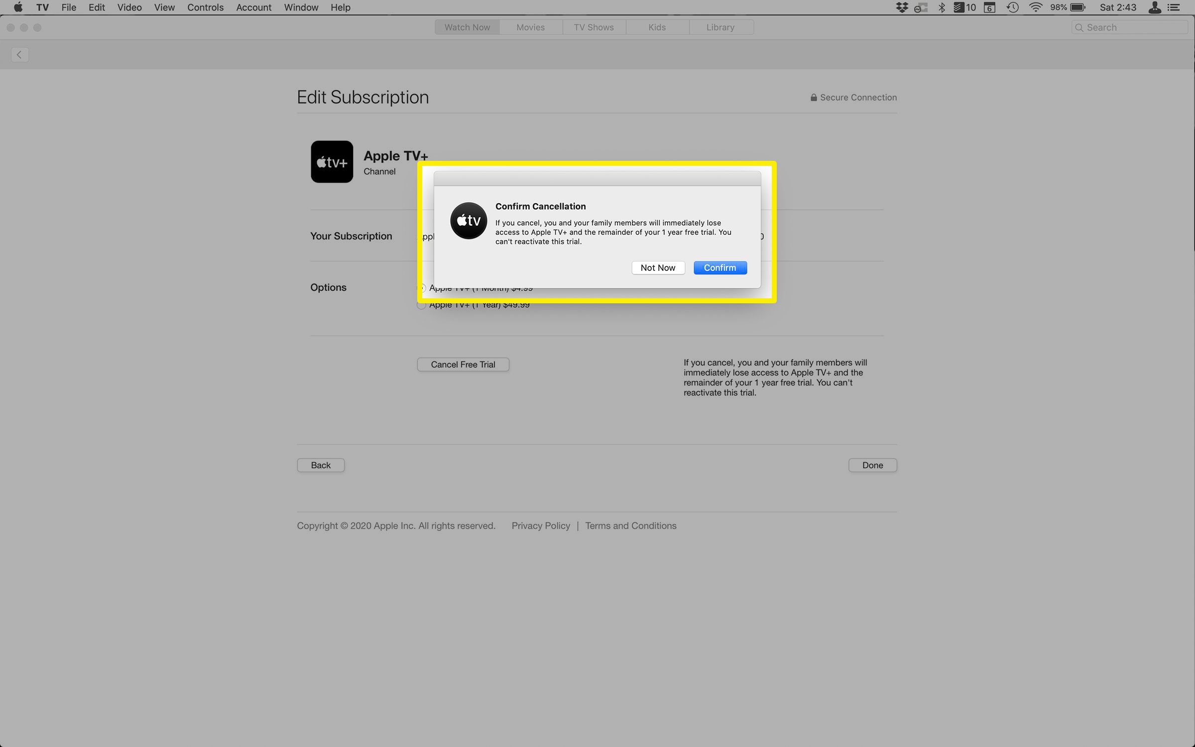 Screenshot zrušení předplatného v Apple ID