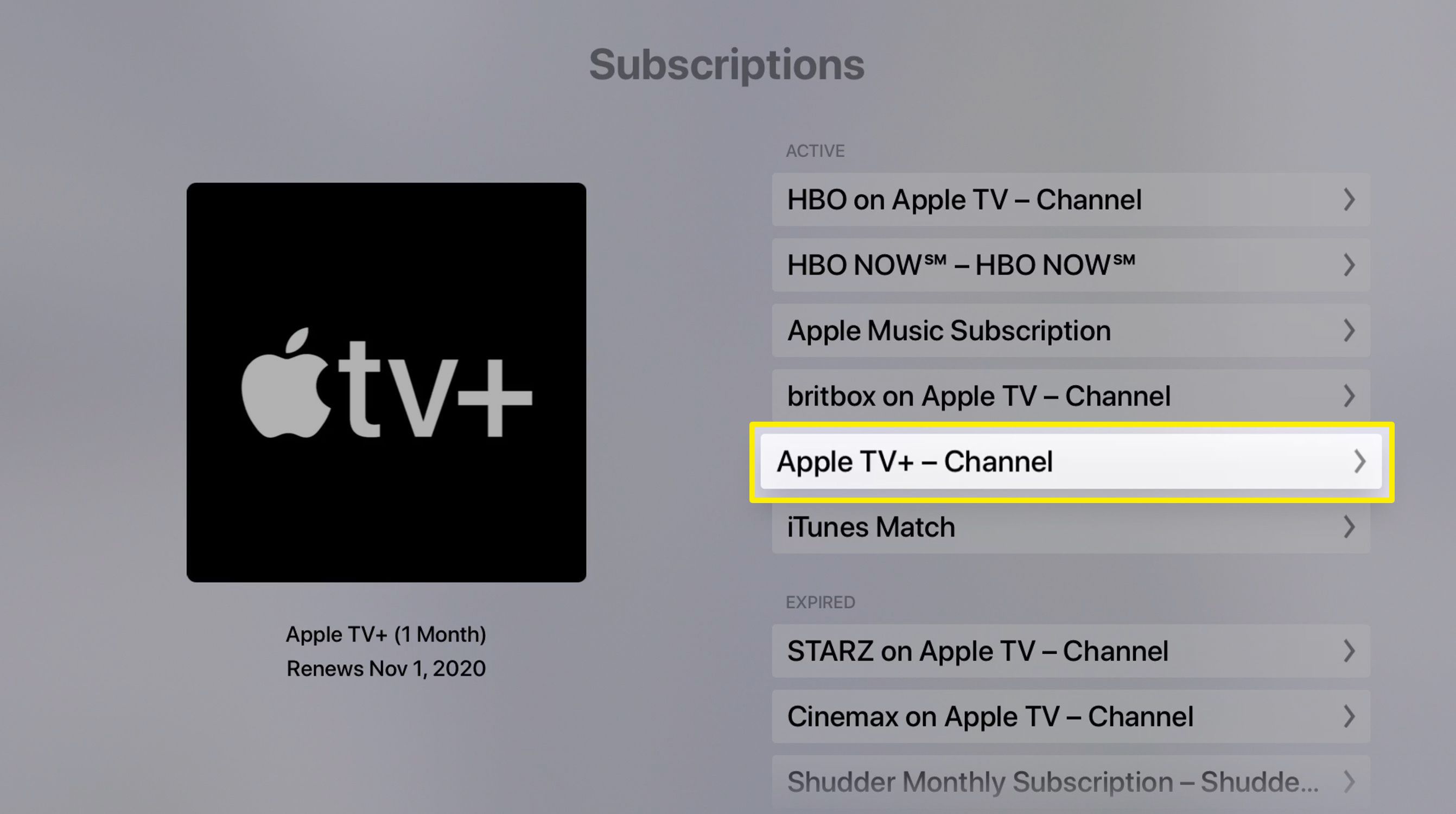 Screenshot ze seznamu předplatných Apple TV