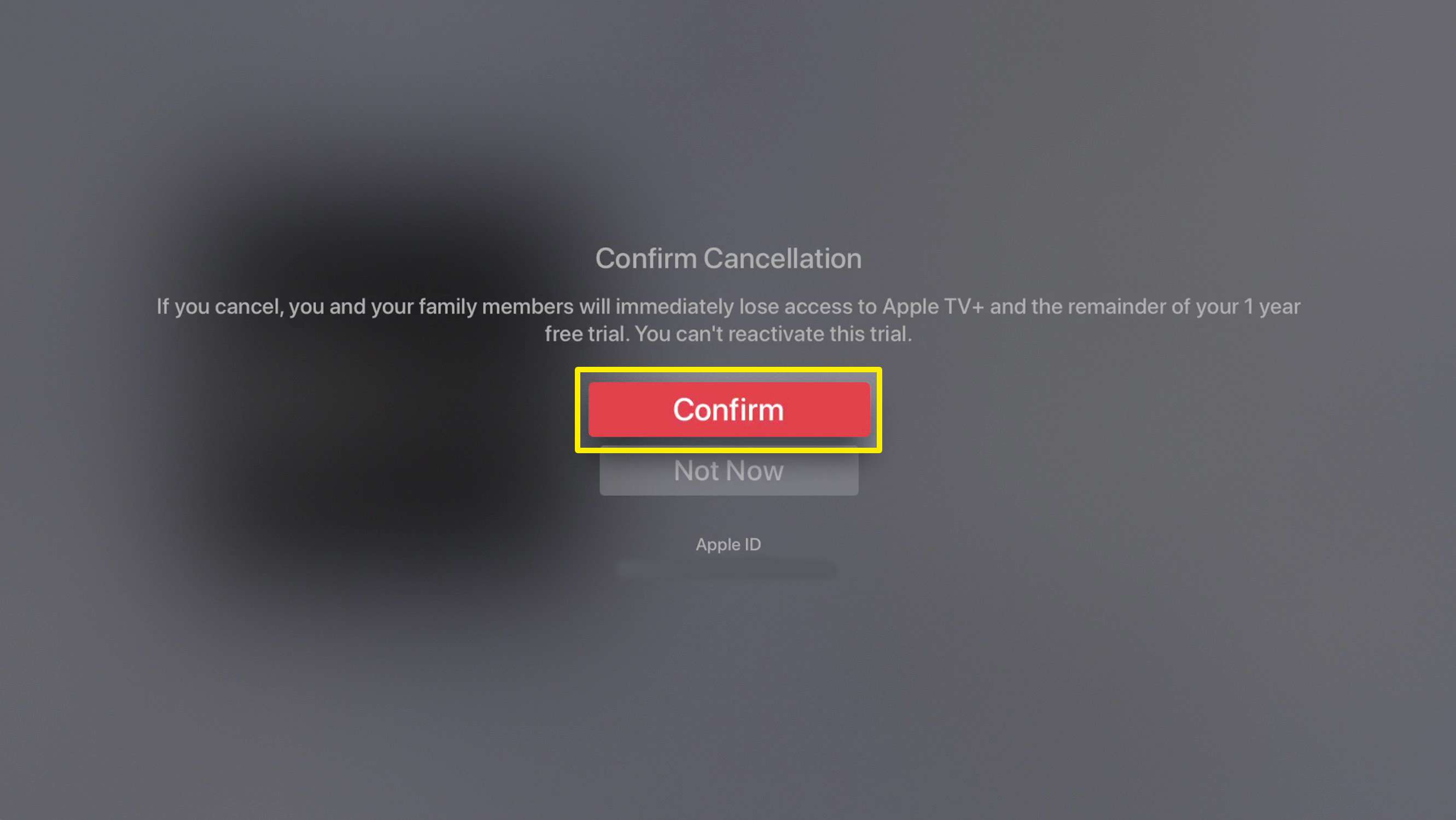 Screenshot potvrzující zrušení předplatného Apple TV