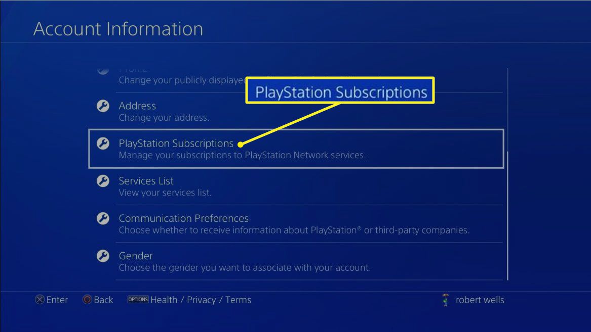 Obrazovka Informace o účtu PS4 se zvýrazněnými předplatnými PlayStation