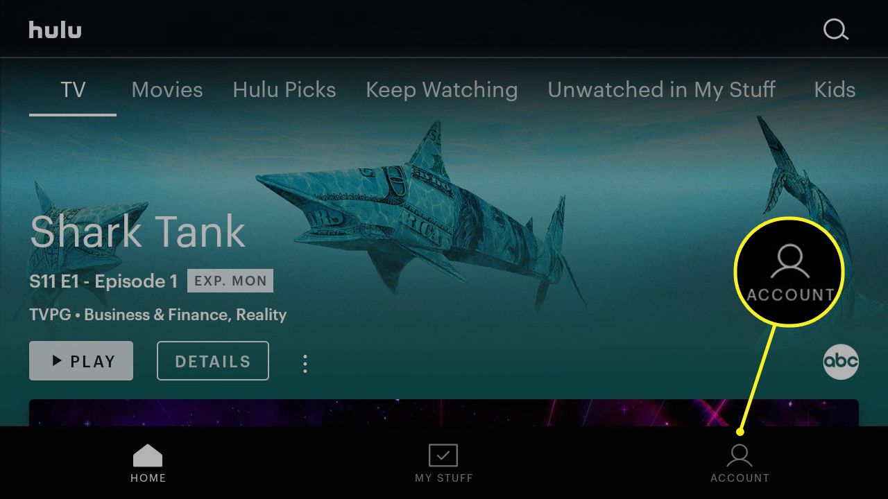 Aplikace Hulu se zvýrazněným účtem