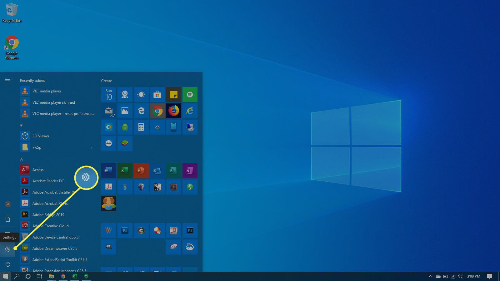 Výběr nastavení ve Windows 10.