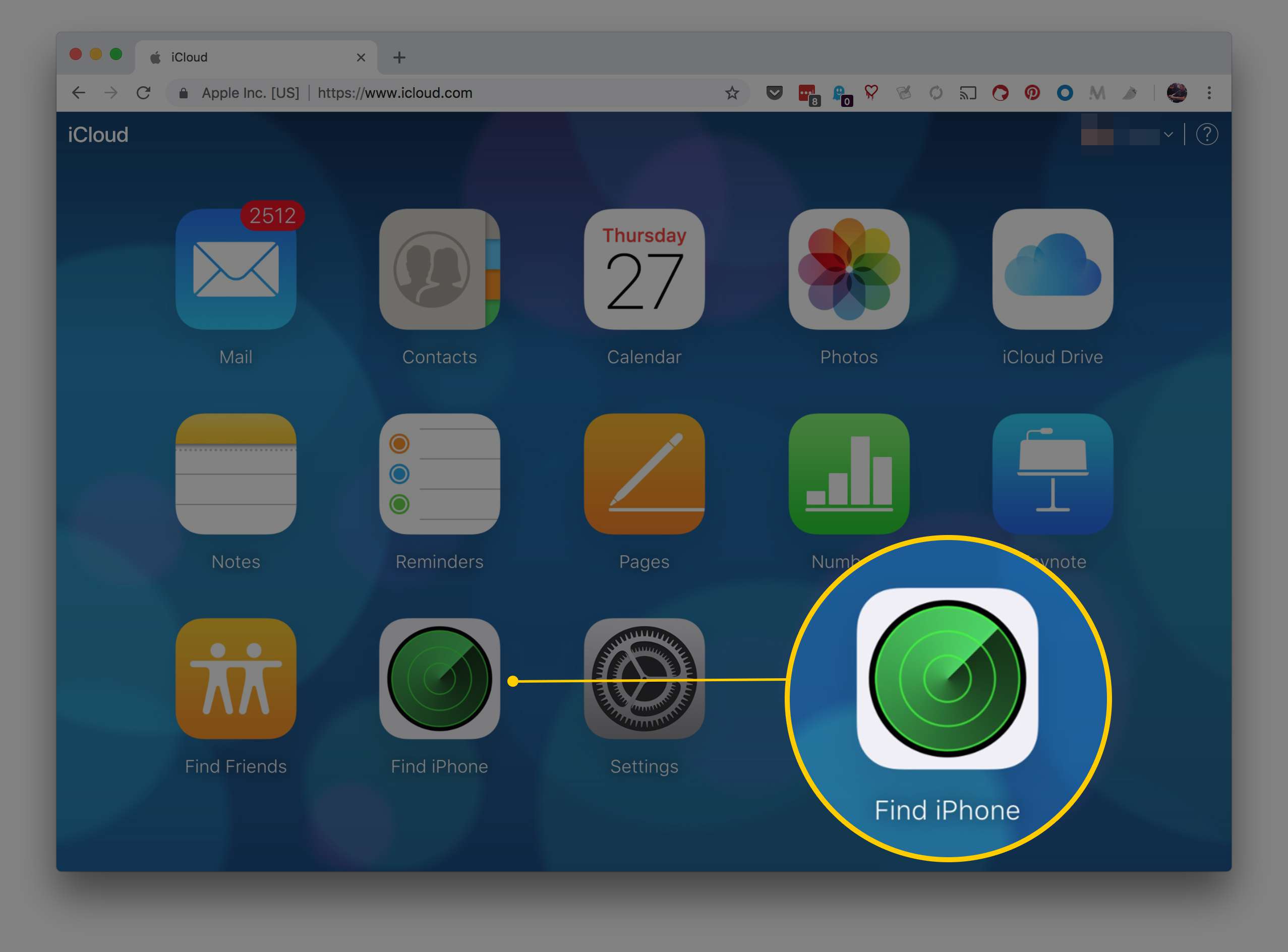 Webová stránka iCloud.com v prohlížeči Chrome se zvýrazněním ikony Najít iPhone
