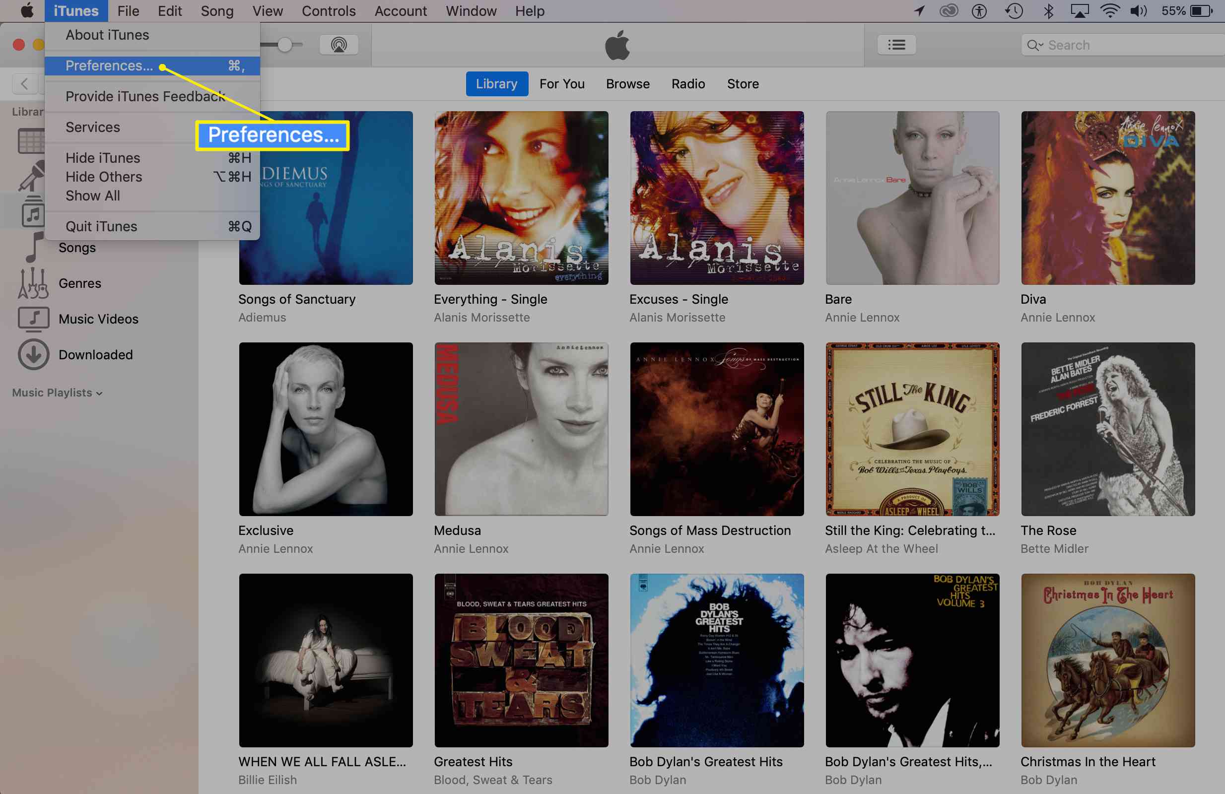Nabídka iTunes zobrazuje výběr předvoleb