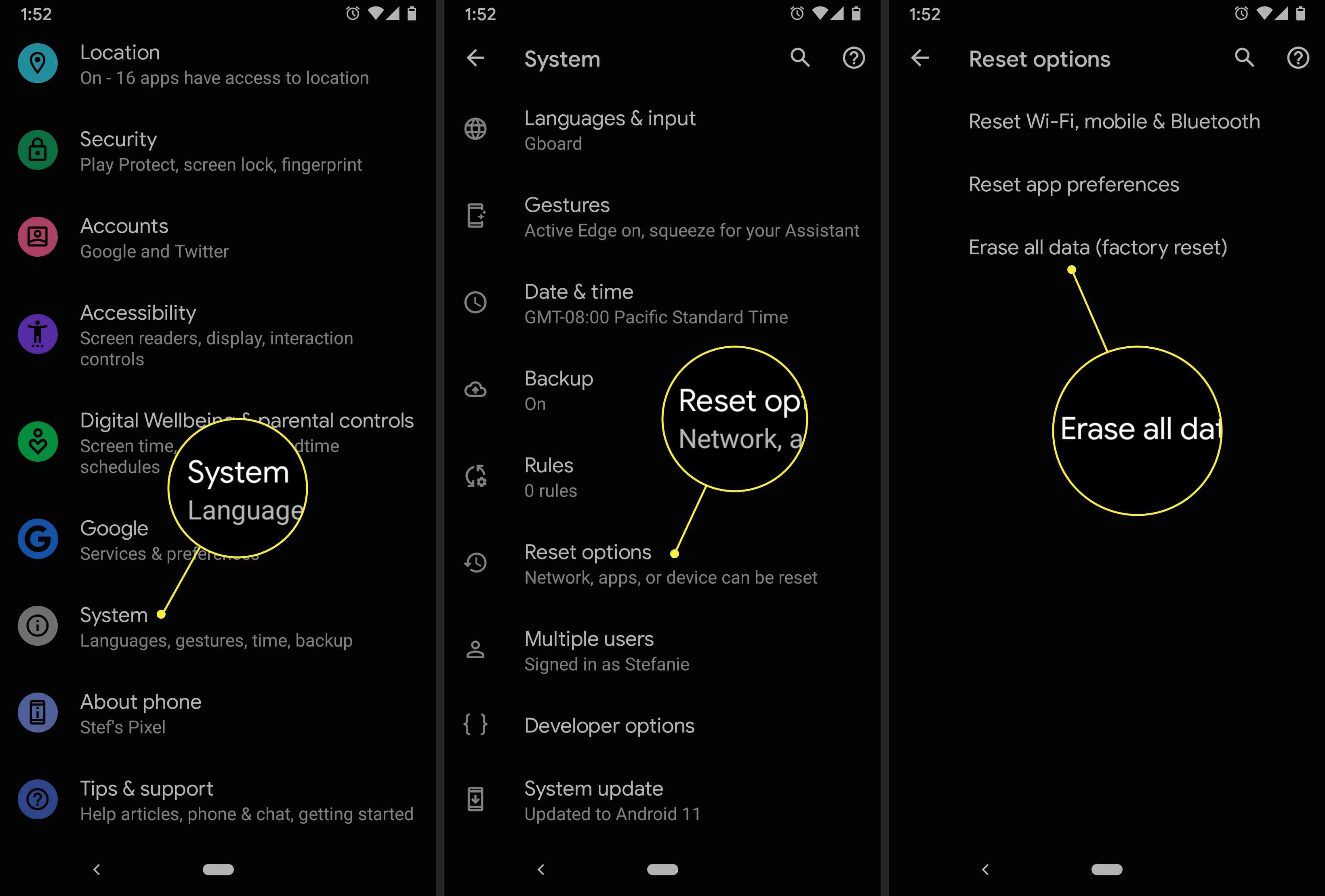 Továrna uživatele Android resetuje svůj telefon pomocí aplikace Nastavení