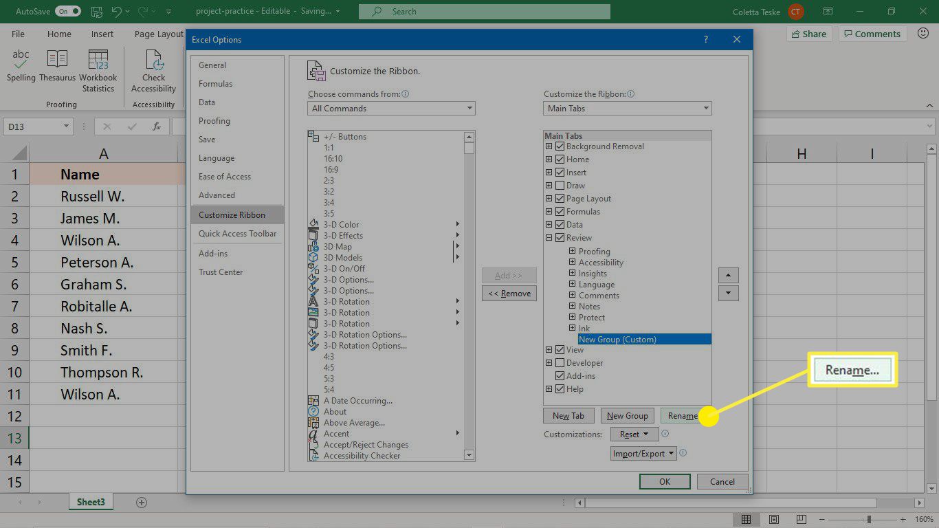 Přejmenujte novou skupinu v aplikaci Excel