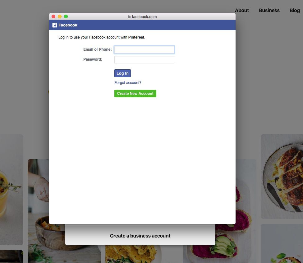 Screenshot registrace do Pinterestu přes Facebook účet