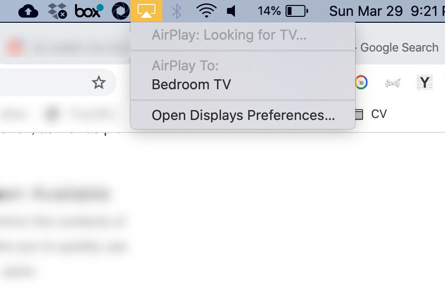 možnosti macOS AirPlay na liště nabídek