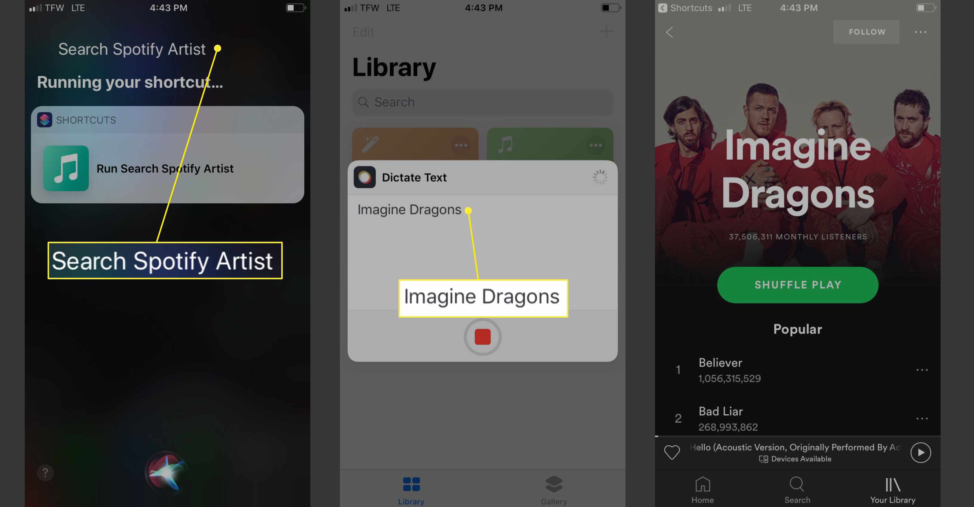 Pomocí zkratky Siri vyhledejte umělce ve Spotify