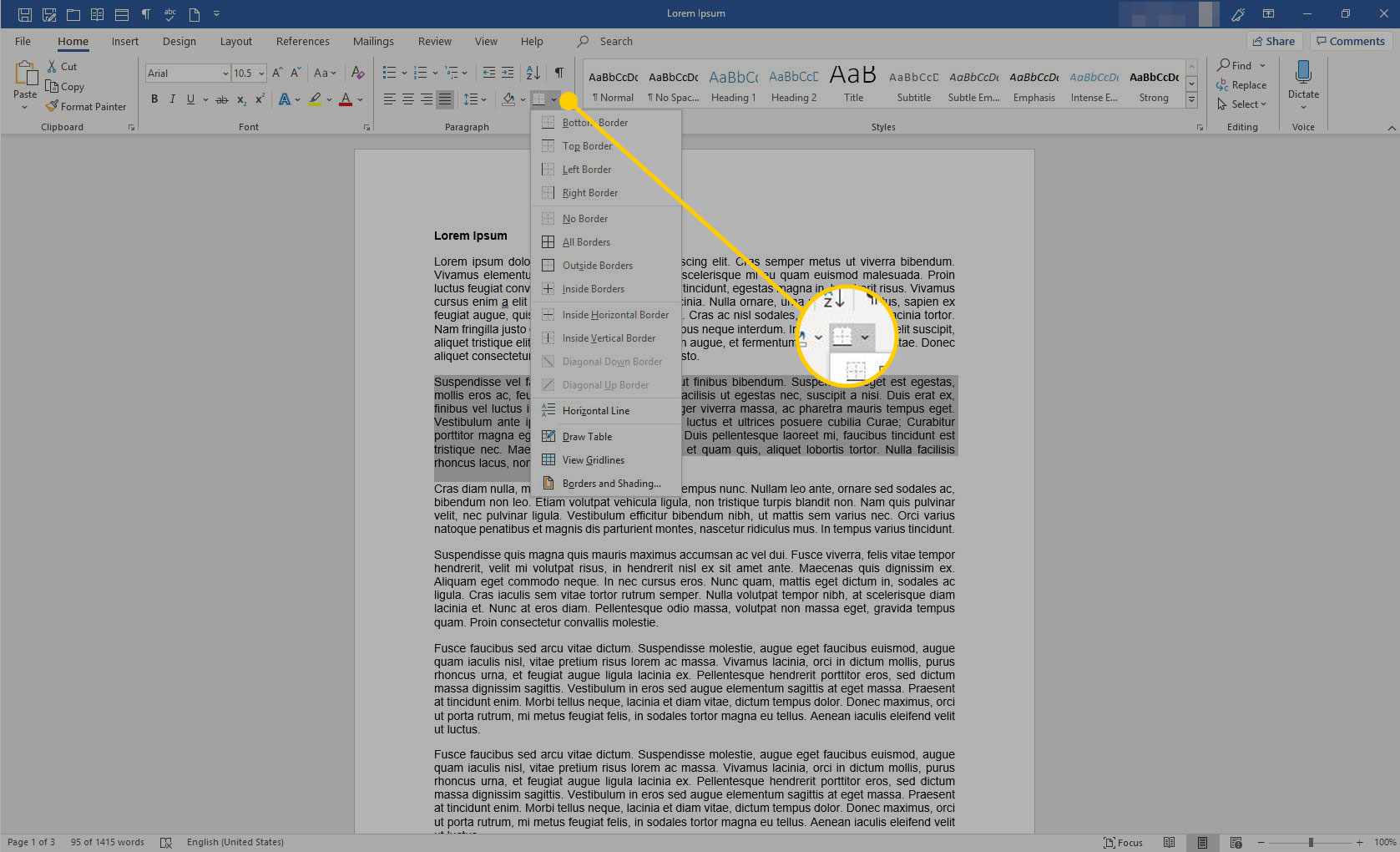 Microsoft Word se zvýrazněnou nabídkou Okraje