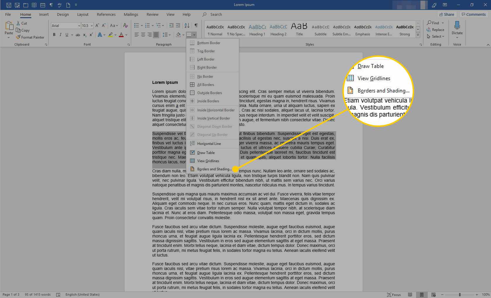 Nabídka Ohraničení aplikace Microsoft Word se zvýrazněnou možností Ohraničení a stínování