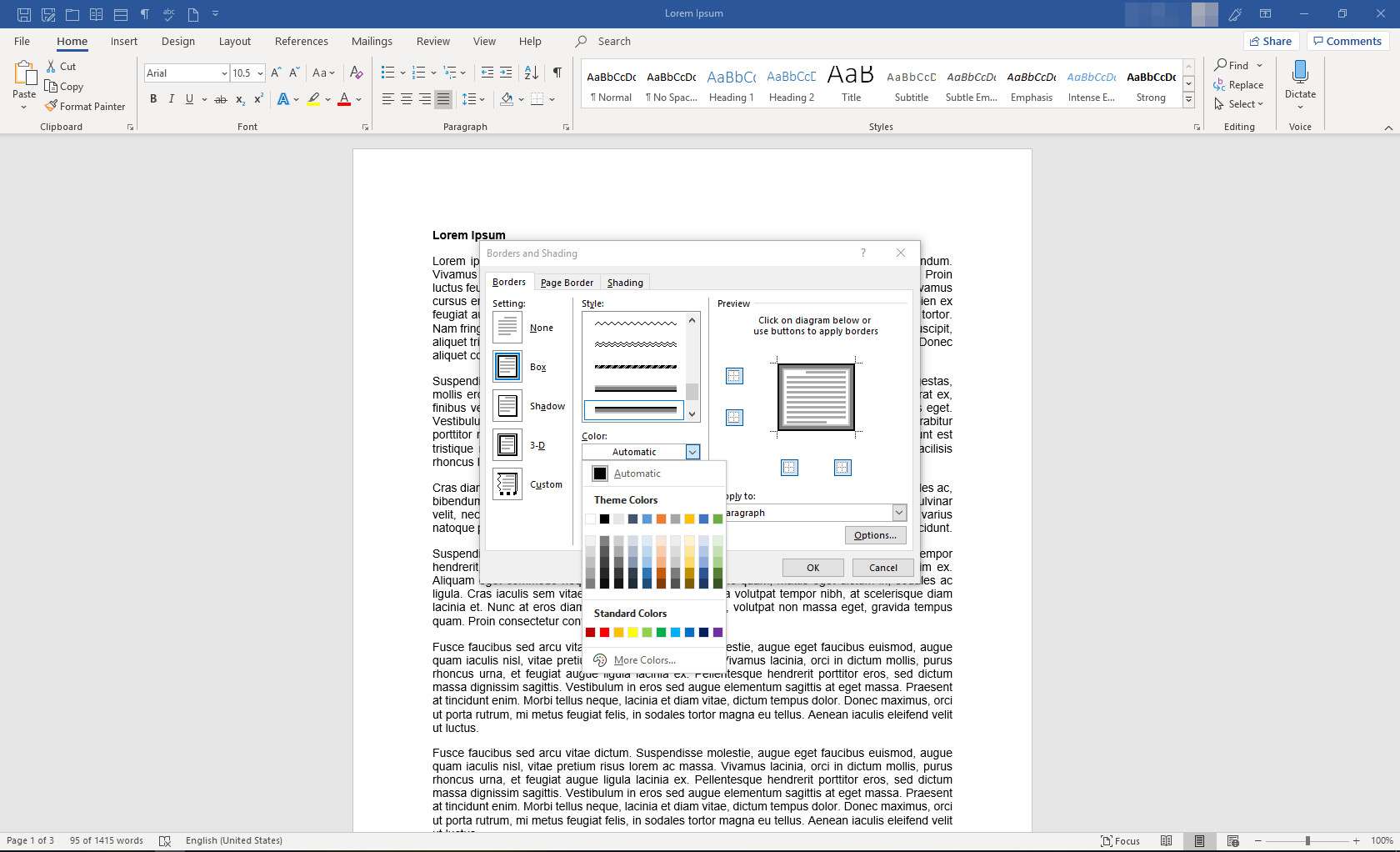 Zobrazí se dialogové okno Microsoft Word s ohraničením a stínováním