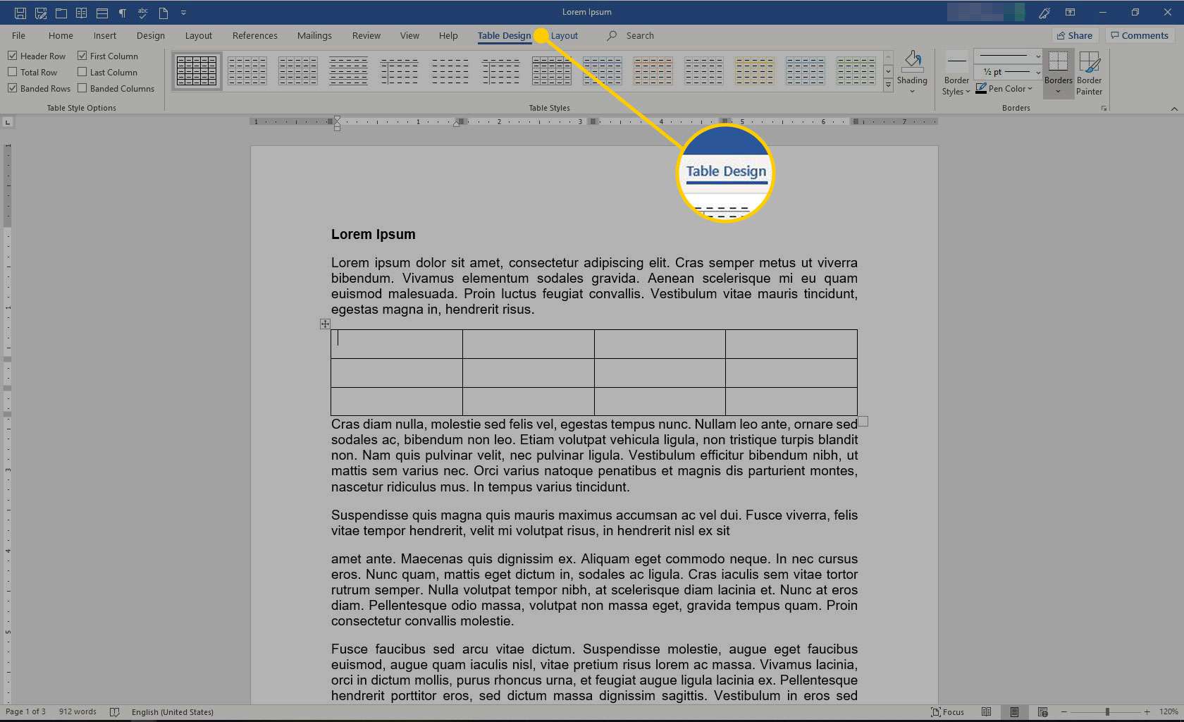 Microsoft Word se zvýrazněným nadpisem Návrh tabulky