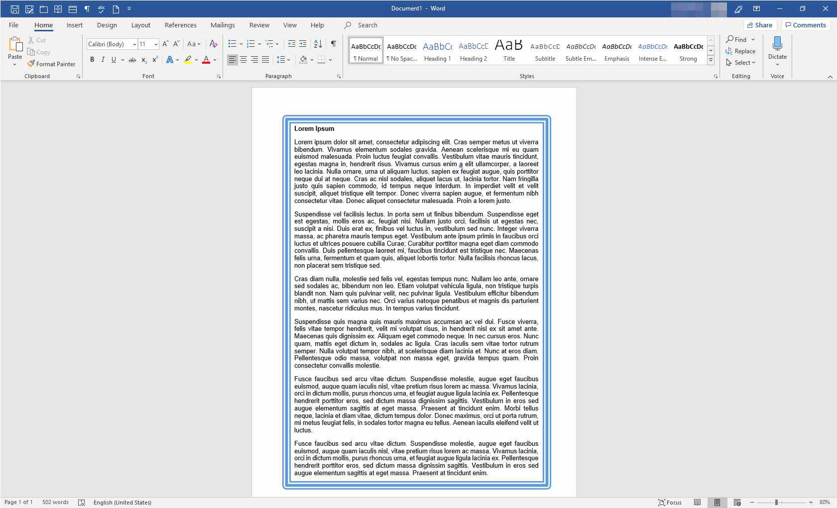 Microsoft Word s textem a ohraničením aplikovaným na jednu stránku