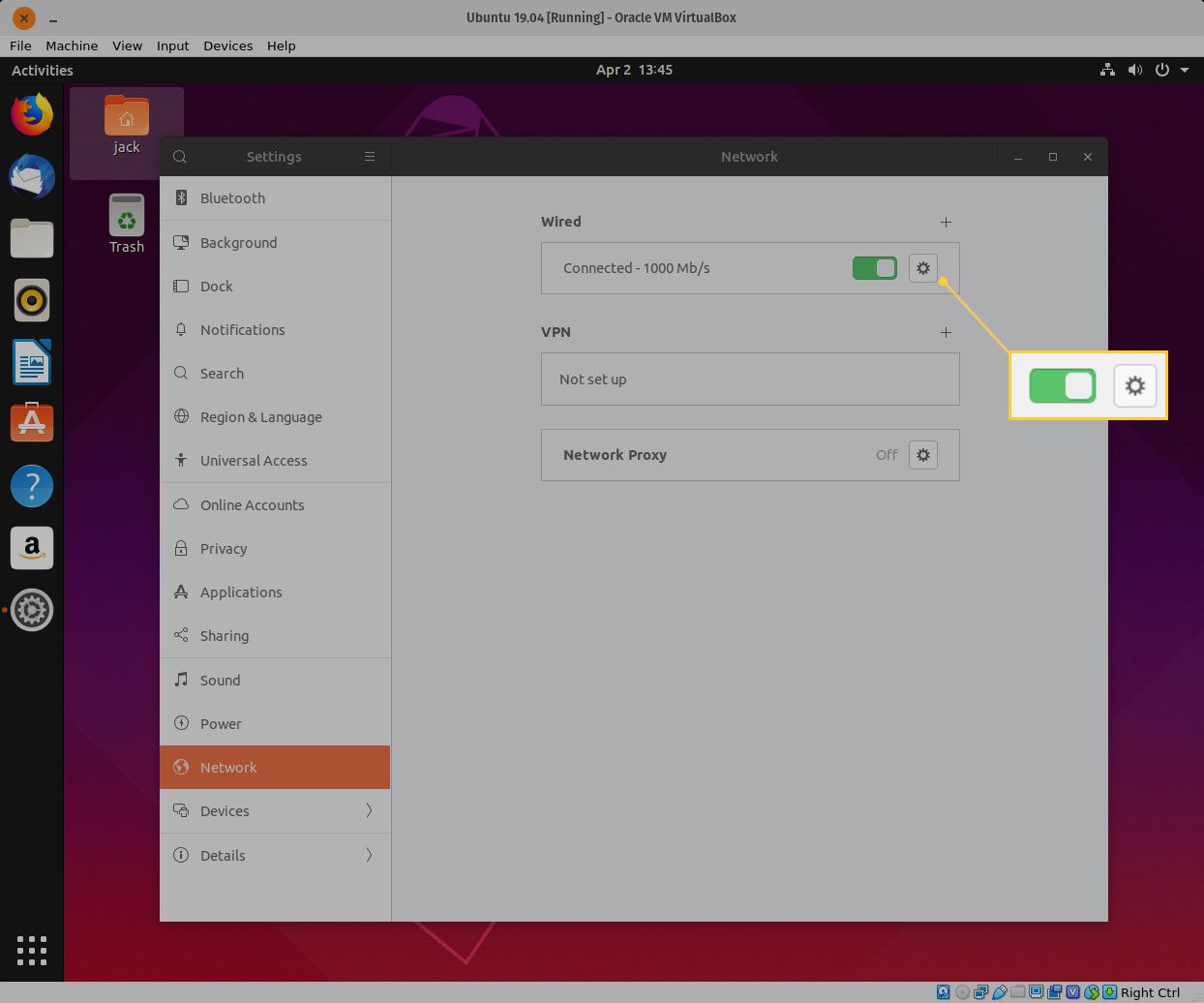 Screenshot okna nastavení sítě GNOME.