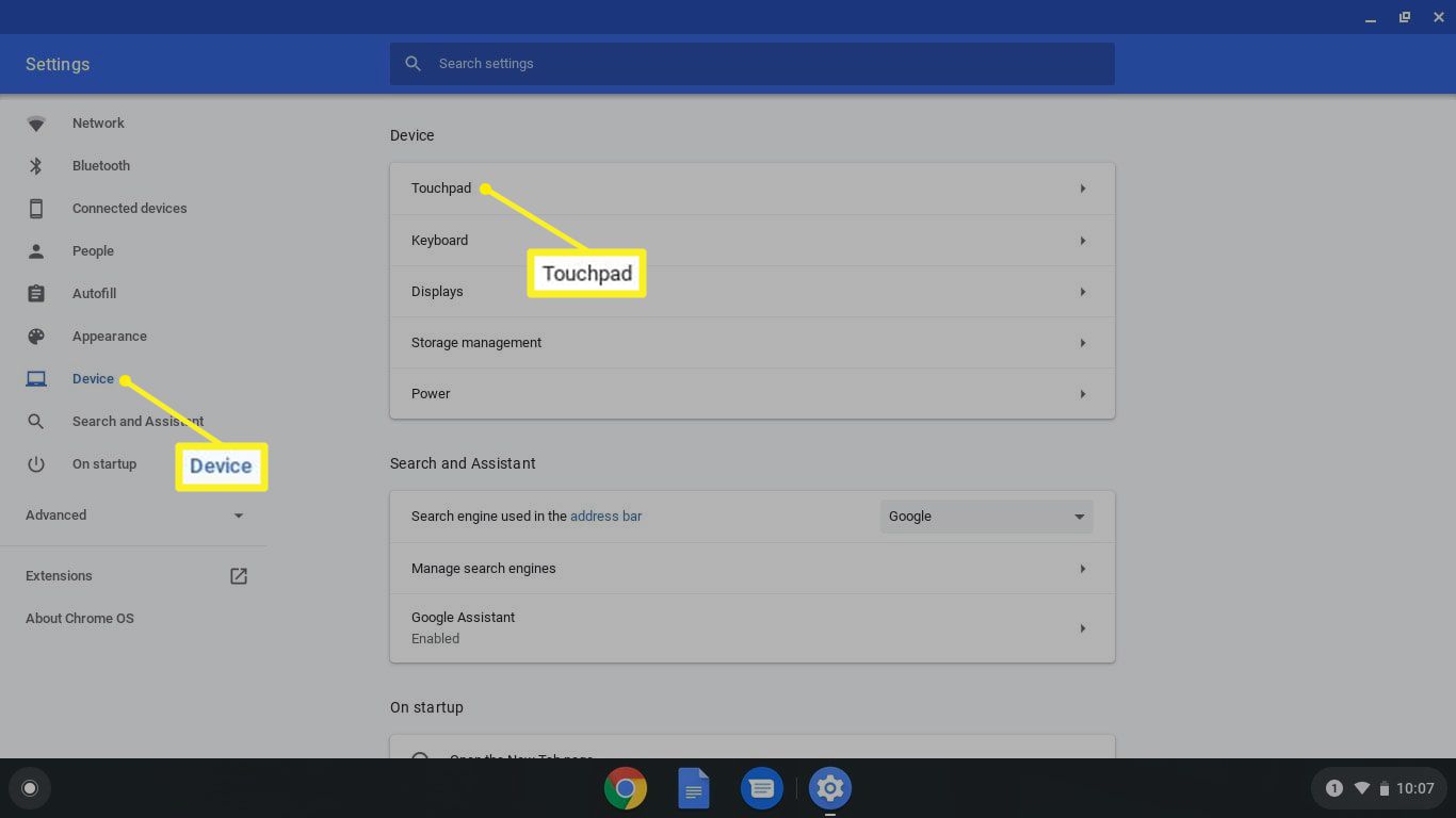 Nastavení zařízení Chromebook se zvýrazněným Touchpadem