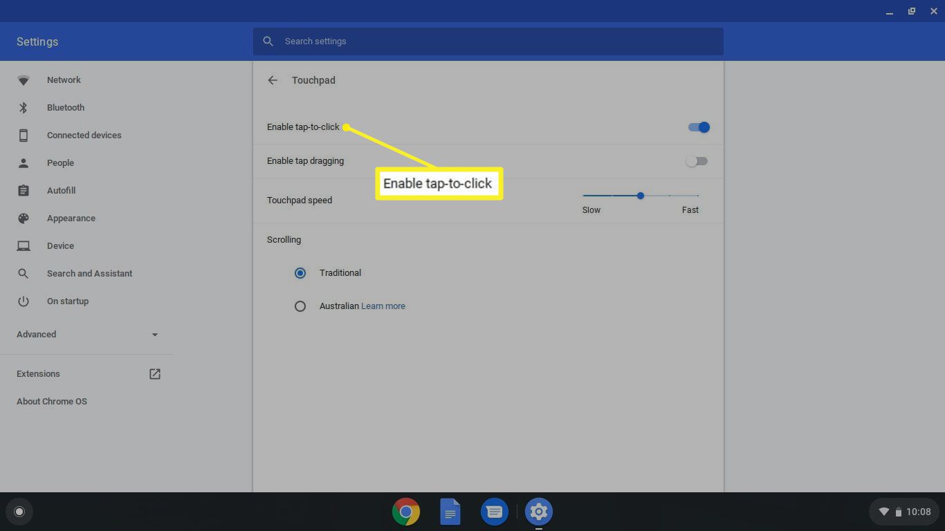 Nastavení Povolit klepnutí klepnutím pro Chromebook