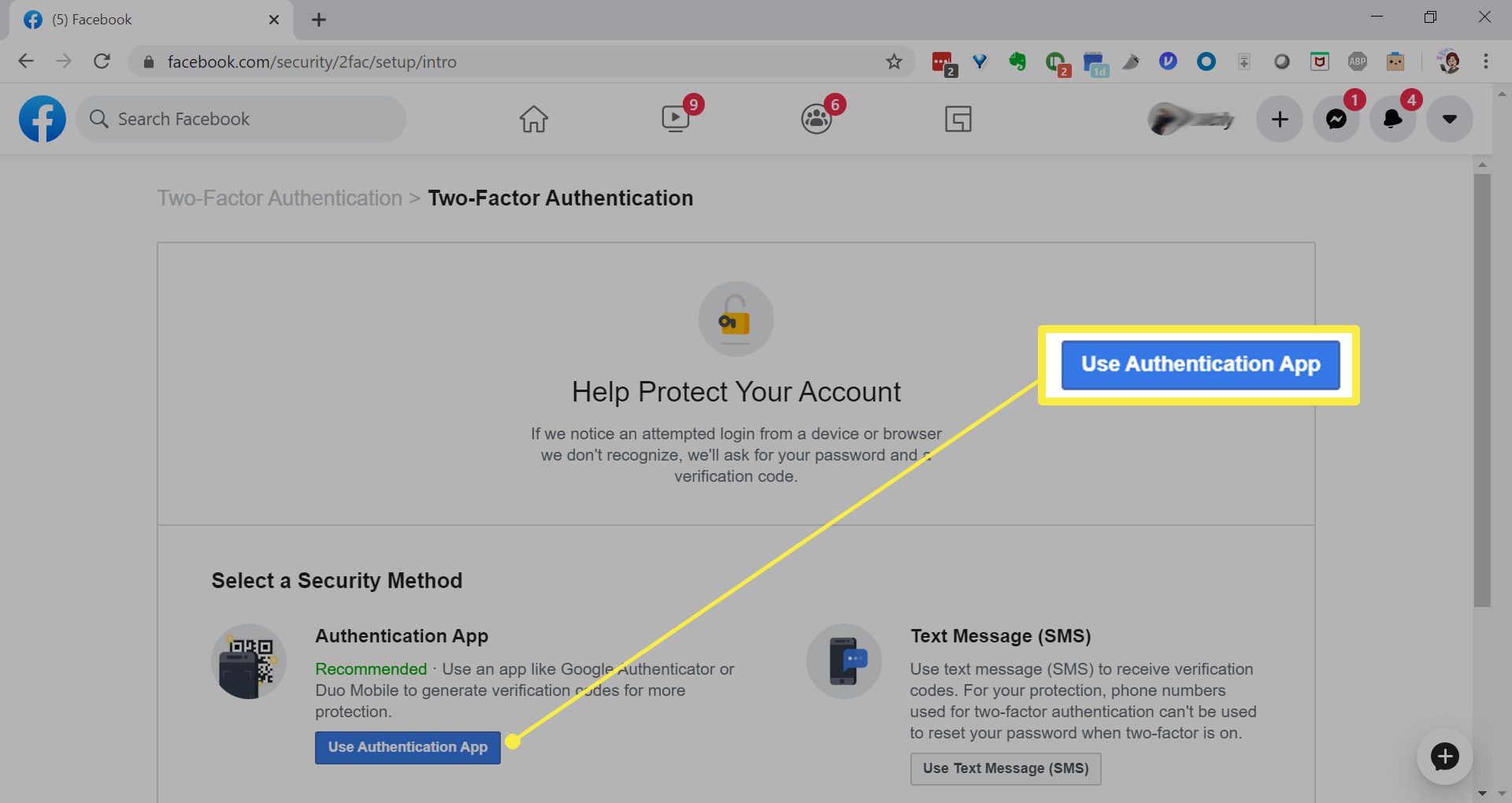 Nastavení aplikace Microsoft Authenticator na Facebooku.