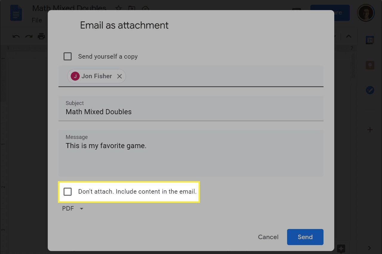 Odeslat jako přílohu v Dokumentech Google.