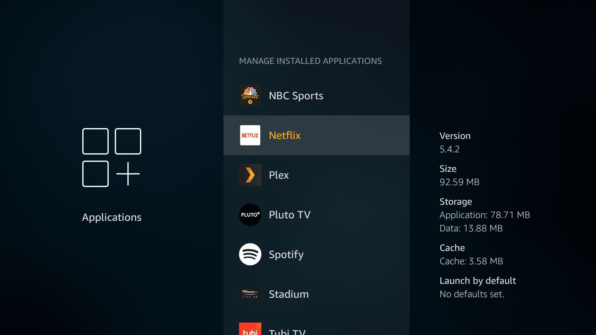 výběrové menu správy aplikací Fire TV