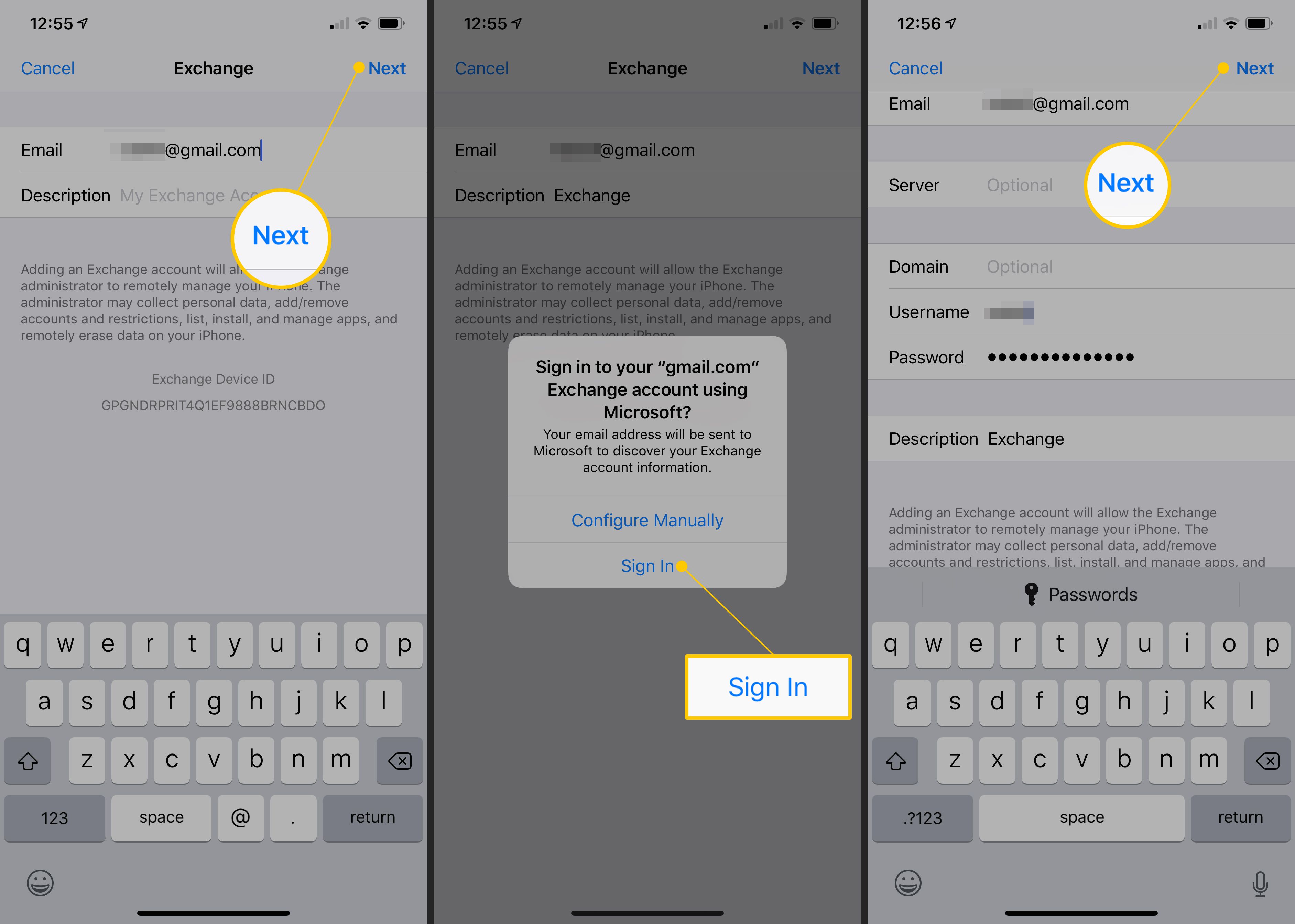 Další, Přihlásit se, Další tlačítka v nastavení iOS Exchange