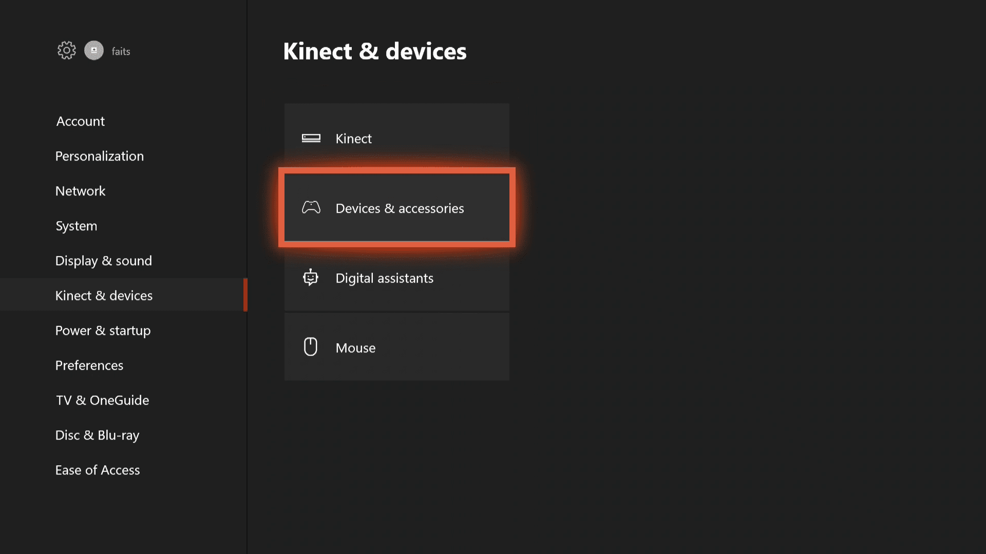Snímek obrazovky nabídky Xbox One Kinext a zařízení.