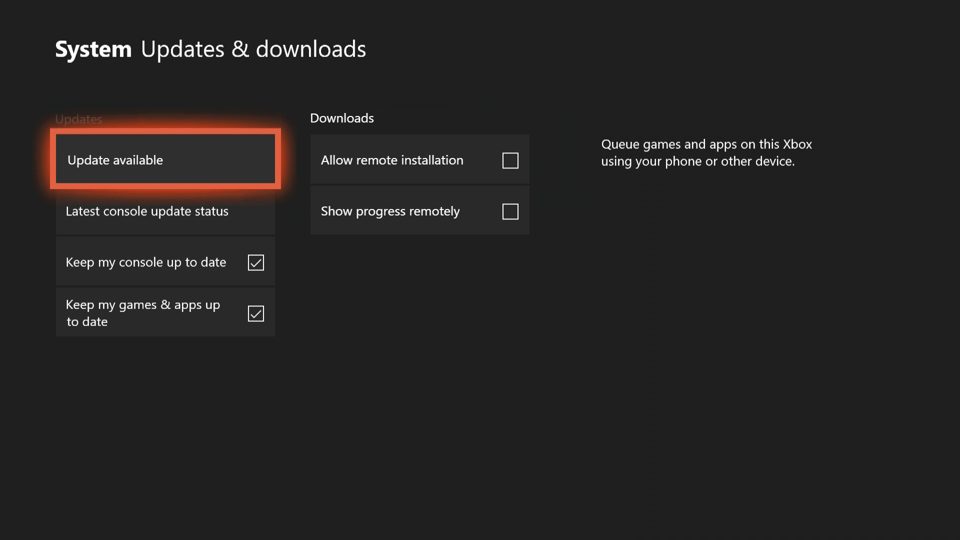 Screenshot obrazovky s dostupnými aktualizacemi pro Xbox One.