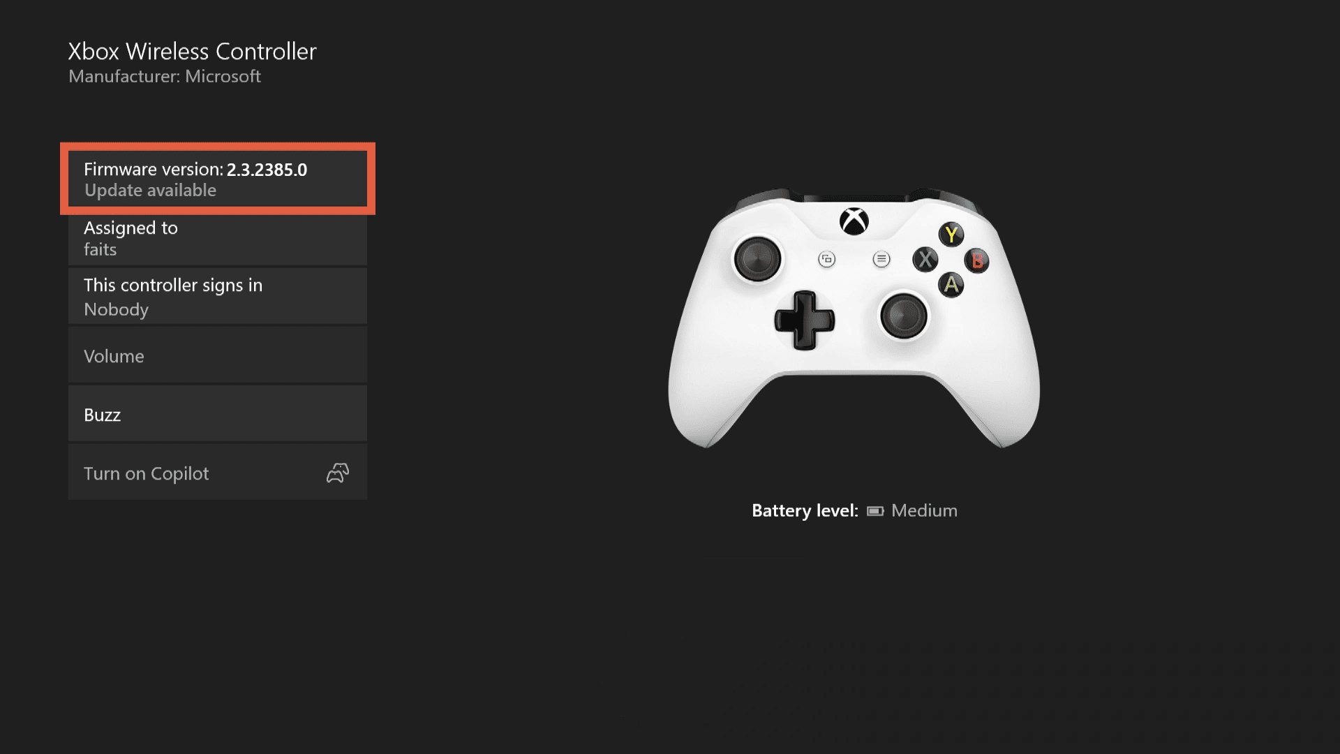 Screenshot obrazovky pro správu bezdrátového ovladače Xbox One.
