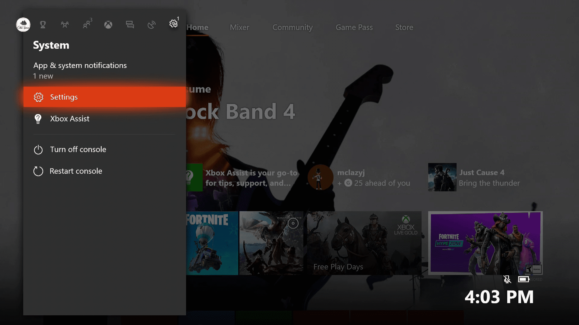 Snímek obrazovky nabídky nastavení systému Xbox One.