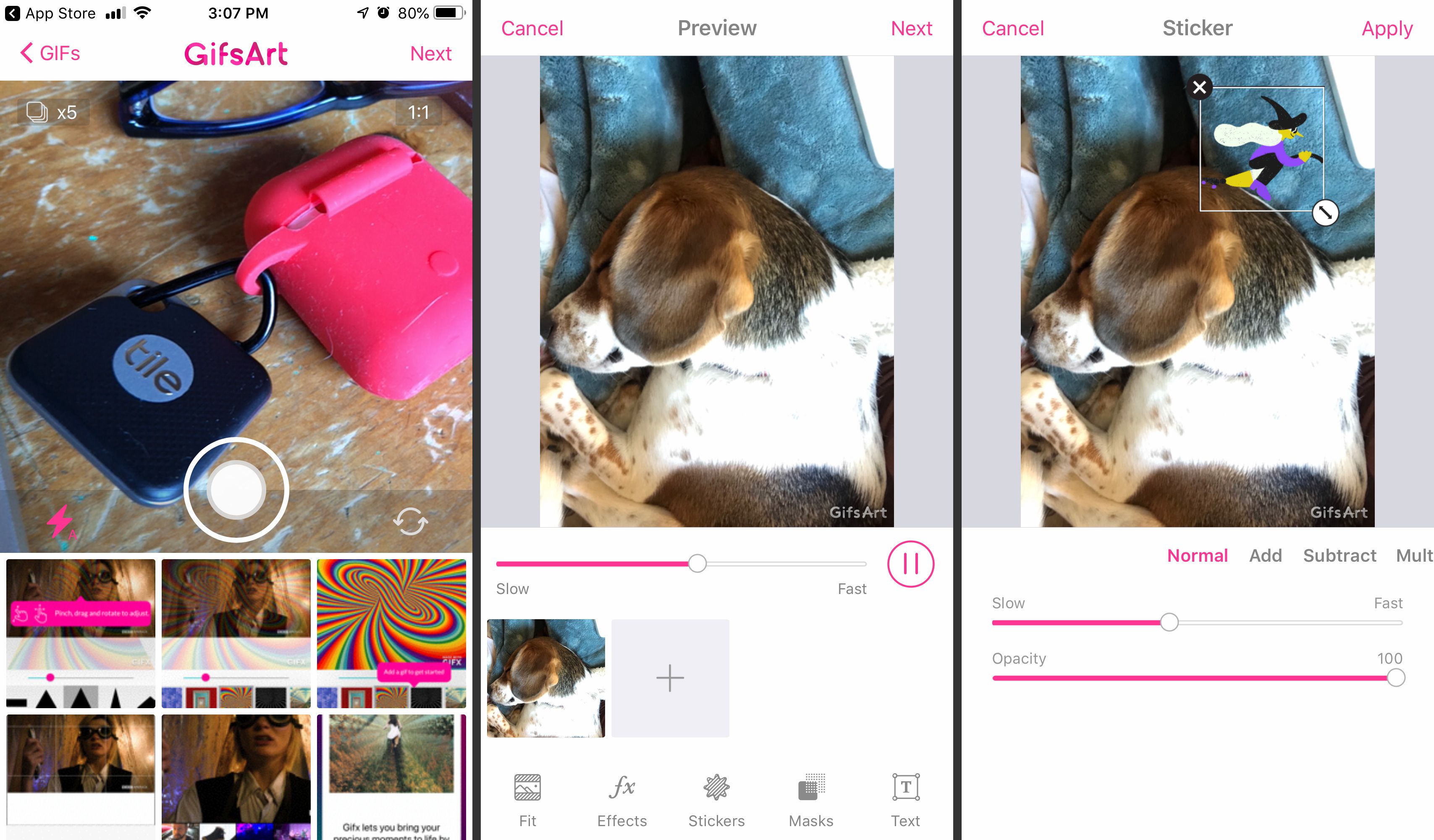 Tři obrazovky iOS od PicsArt GIF a Sticker maker