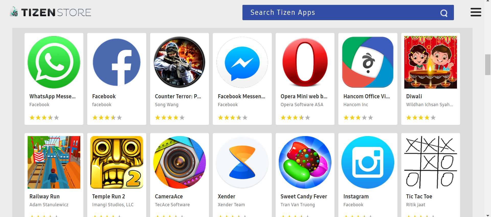 Tizen App Store se dvěma řadami aplikací a vyhledávací lištou