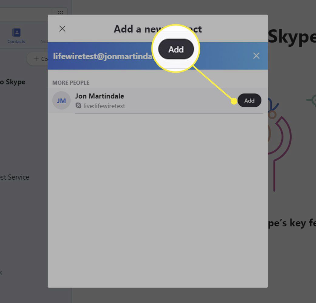 Snímek obrazovky Skype se zvýrazněným tlačítkem Přidat