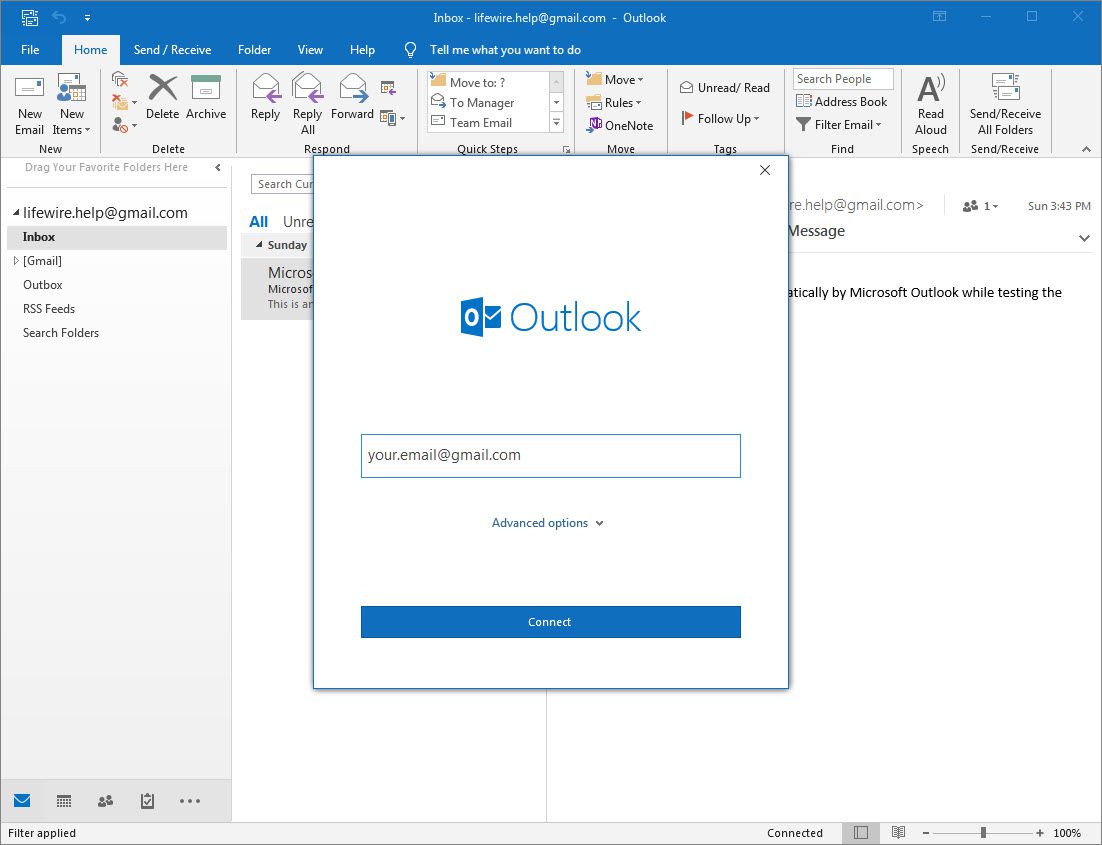 Obrazovka přidání účtu Outlook 2016 s e-mailovým polem