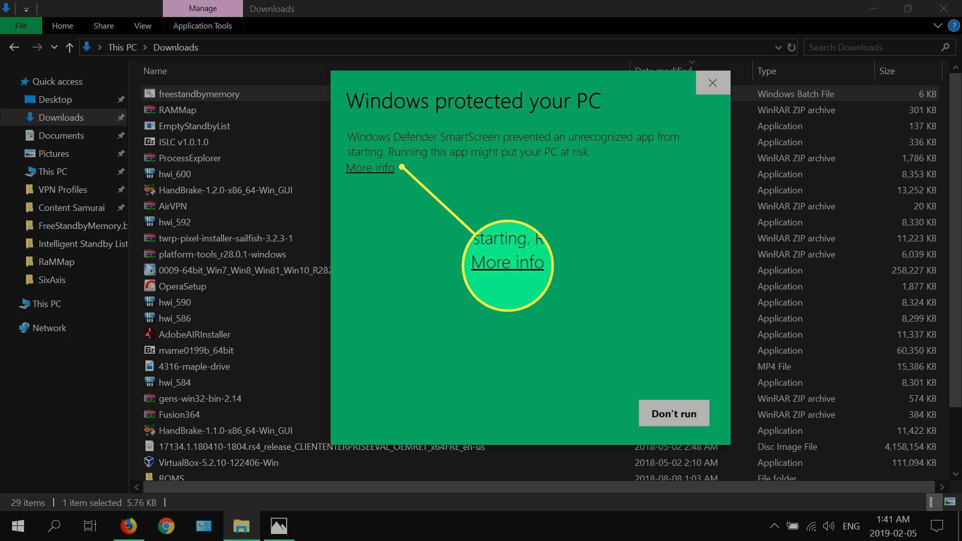 Dialogové okno ochrany programu Windows Defender.