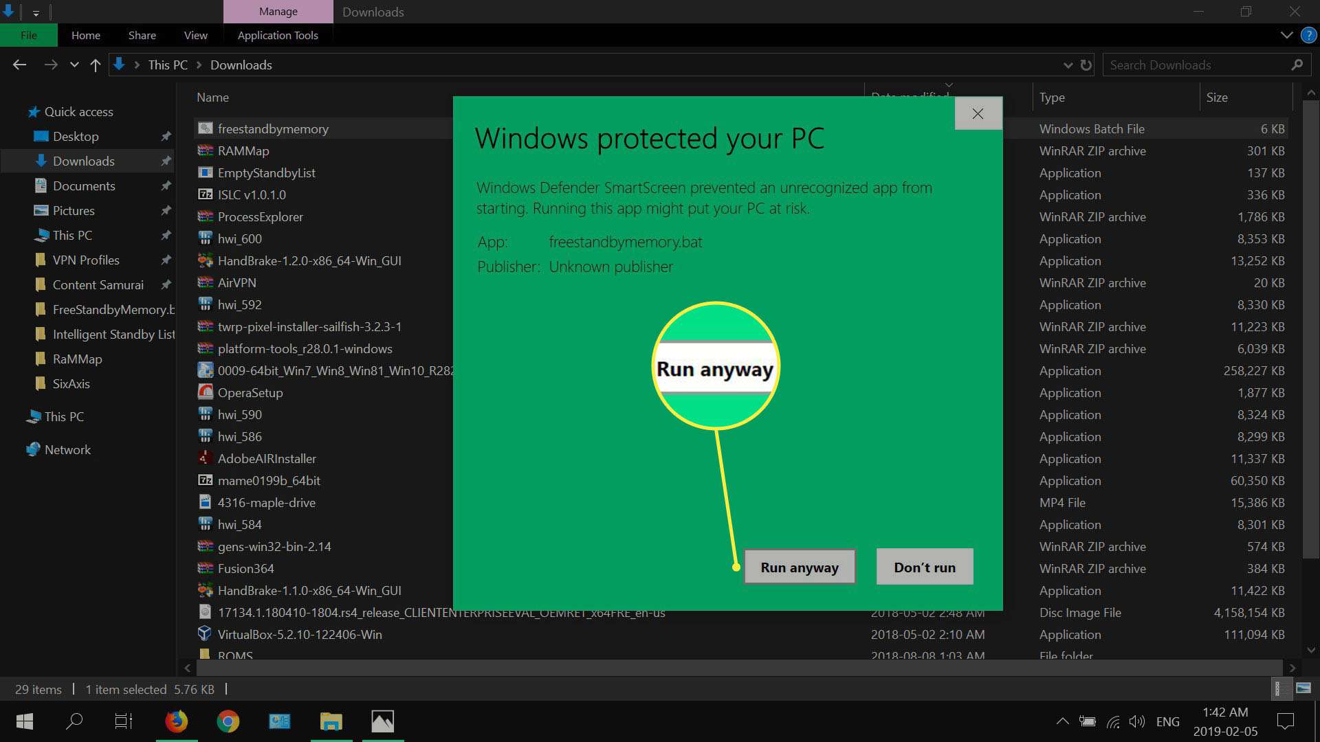 další možnosti pro varovné dialogové okno programu Windows Defender.