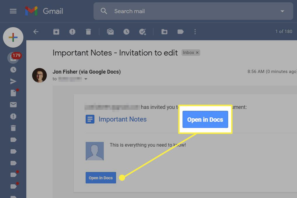 Otevření sdíleného dokumentu Google přes Gmail.