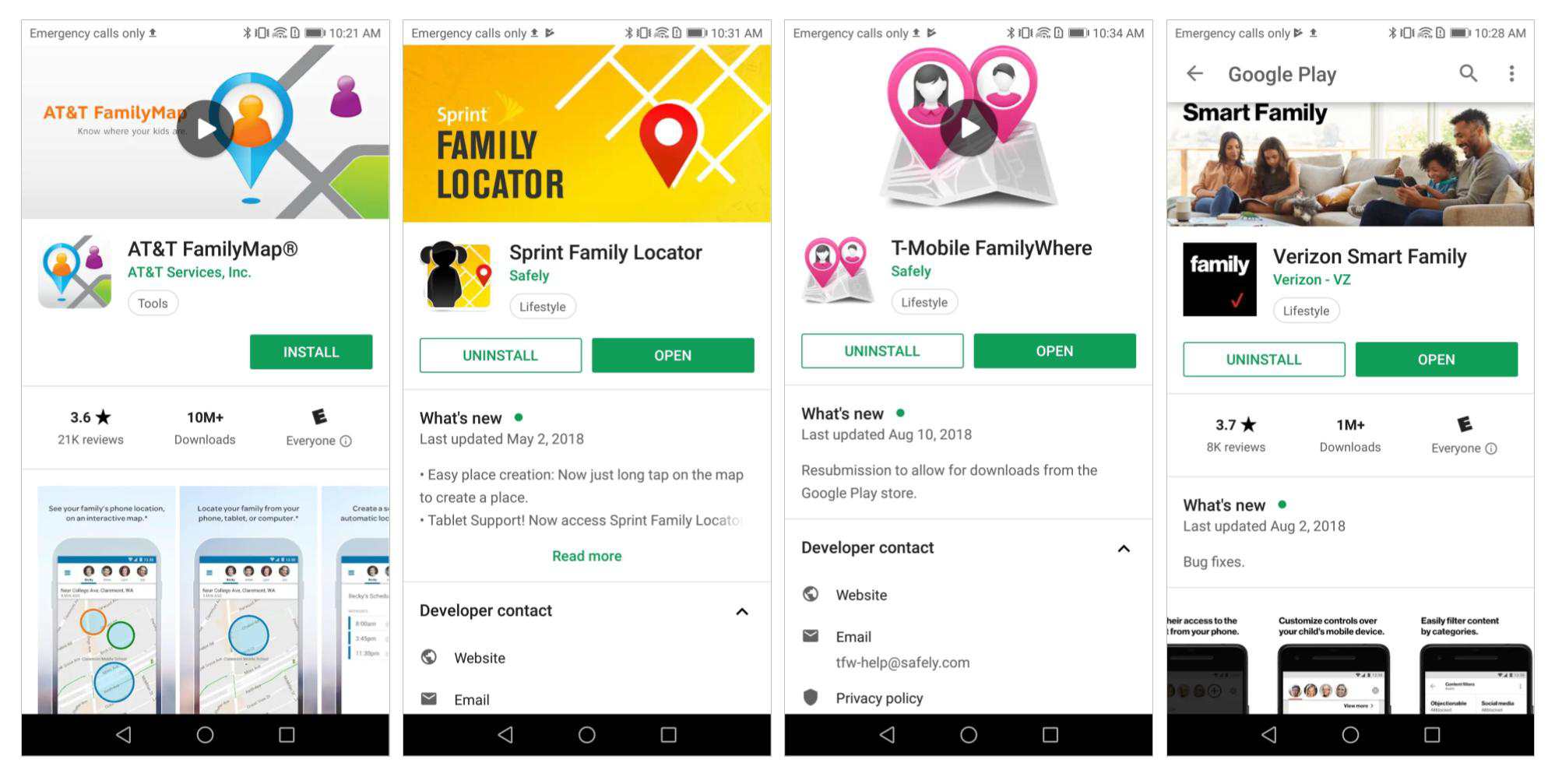 Přepravní aplikace: AT&T FamilyMap;  Sprint Family Locator;  T-Mobile FamilyWhere;  Inteligentní rodina Verizon