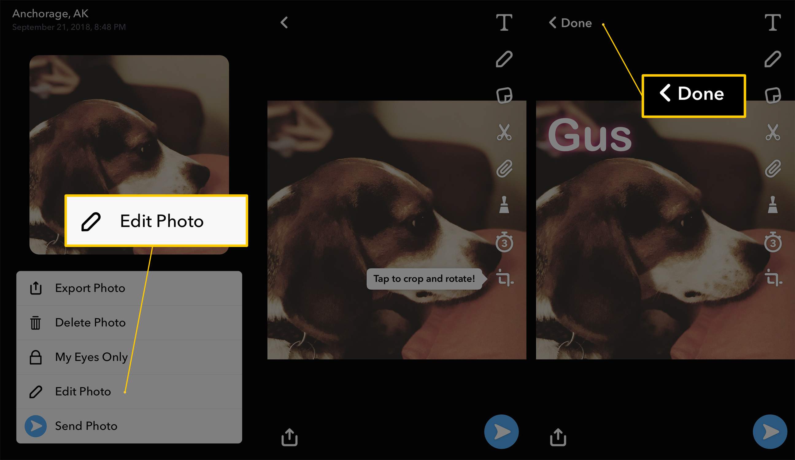 Tři obrazovky iOS od Snapchatu s tlačítky Upravit fotografii, úpravy a Hotovo