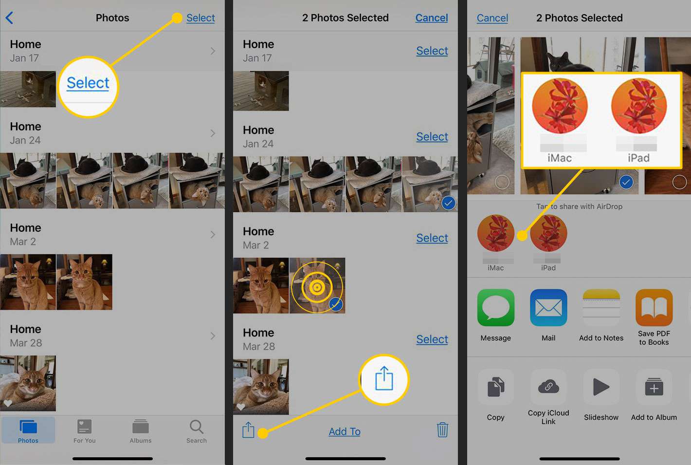 Aplikace Fotografie na iPhonu se zvýrazněným tlačítkem Vybrat, tlačítkem pro nahrávání a AirDrop