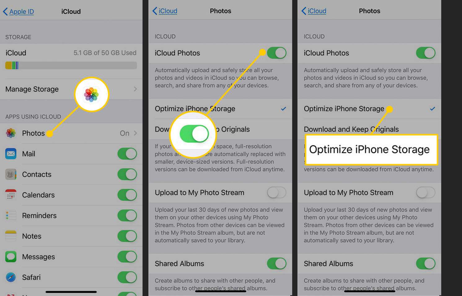 Obrazovky iCloud a Fotky se zvýrazněnou optimalizací úložiště iPhone