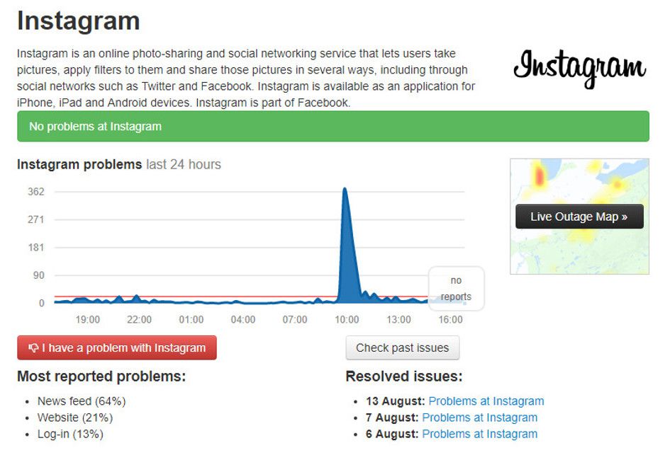 Screenshot kontroly, zda je Instagram nefunkční.