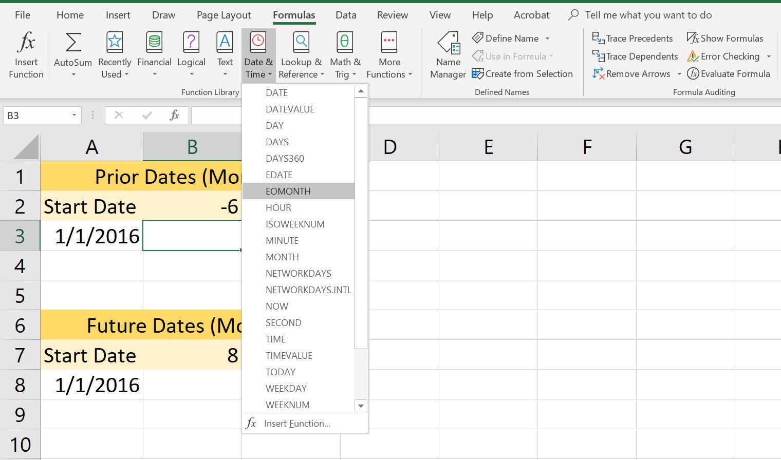 Snímek obrazovky rozevírací nabídky vzorce Datum a čas aplikace Excel s vybranou EOMONTH.