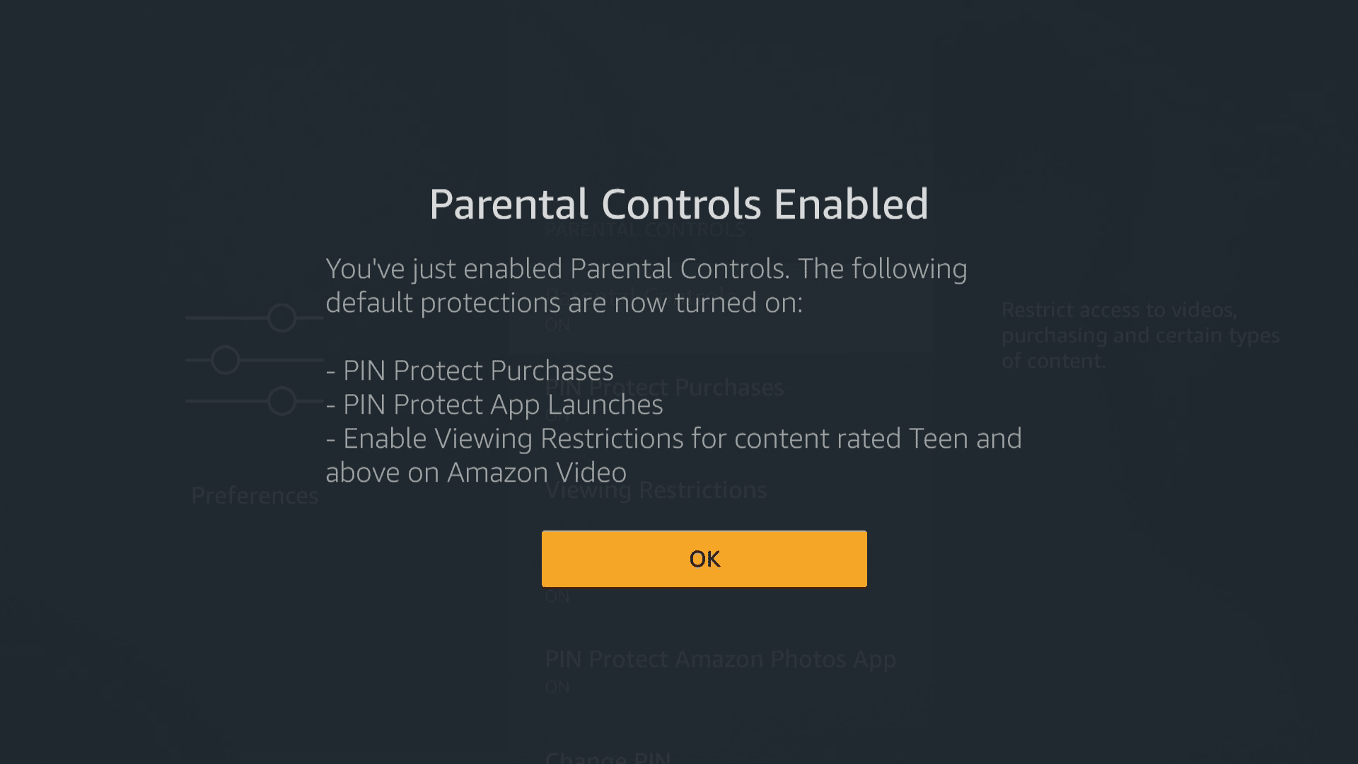 Snímek obrazovky s aktivovanou rodičovskou kontrolou na Firesticku.