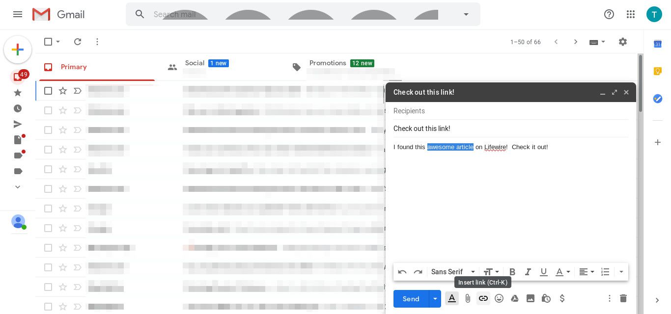 Gmail vyberte možnost pro vložení odkazu